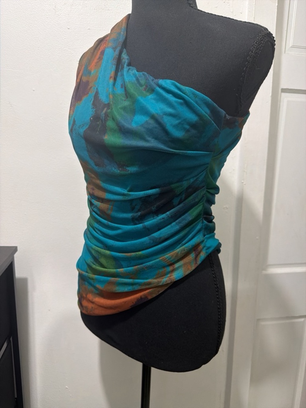 One-Shoulder Teal Abstract Ruched Top - Picture 2 of 2